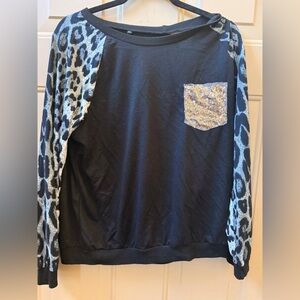 Black Leopard Print Sweater with Sequin Pocket